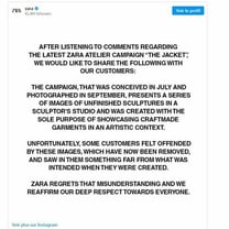 ZARAが謝罪コメントを発表、広告キャンペーンへの非難殺到を受けて